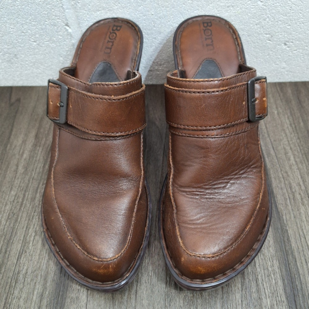 Born Women's Size 7M Brown Leather Wedge Clogs Buckle Slip On Mules W61738 38EU - Picture 3 of 8